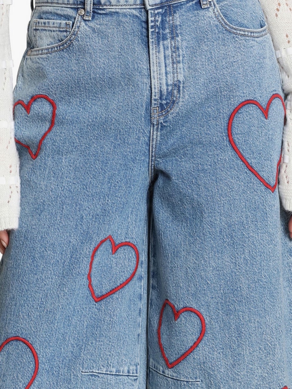 Avec Les Filles Light Blue Wide-Leg Denim Jeans with Red Heart Embroidery - Picture 2 of 7